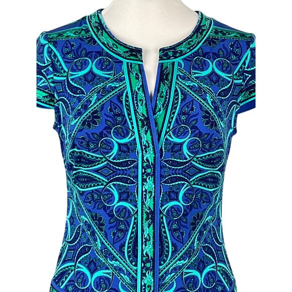 CACHE Dress Stretch Blue Paisley Print sz Small Boho Cruise Vacation Retro 70s - Picture 3 of 10